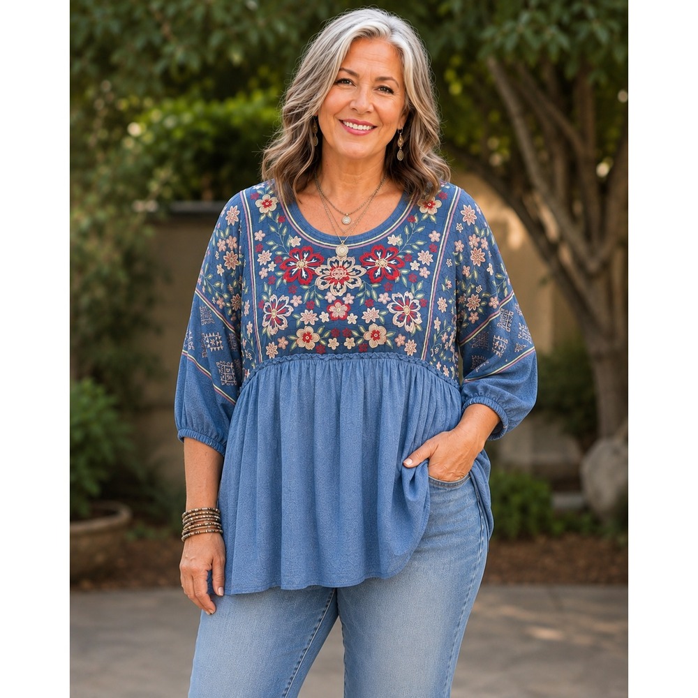 Womens 1X Empire Waist Embroidered Top Blue Denim Boho Floral Hippie Oversized